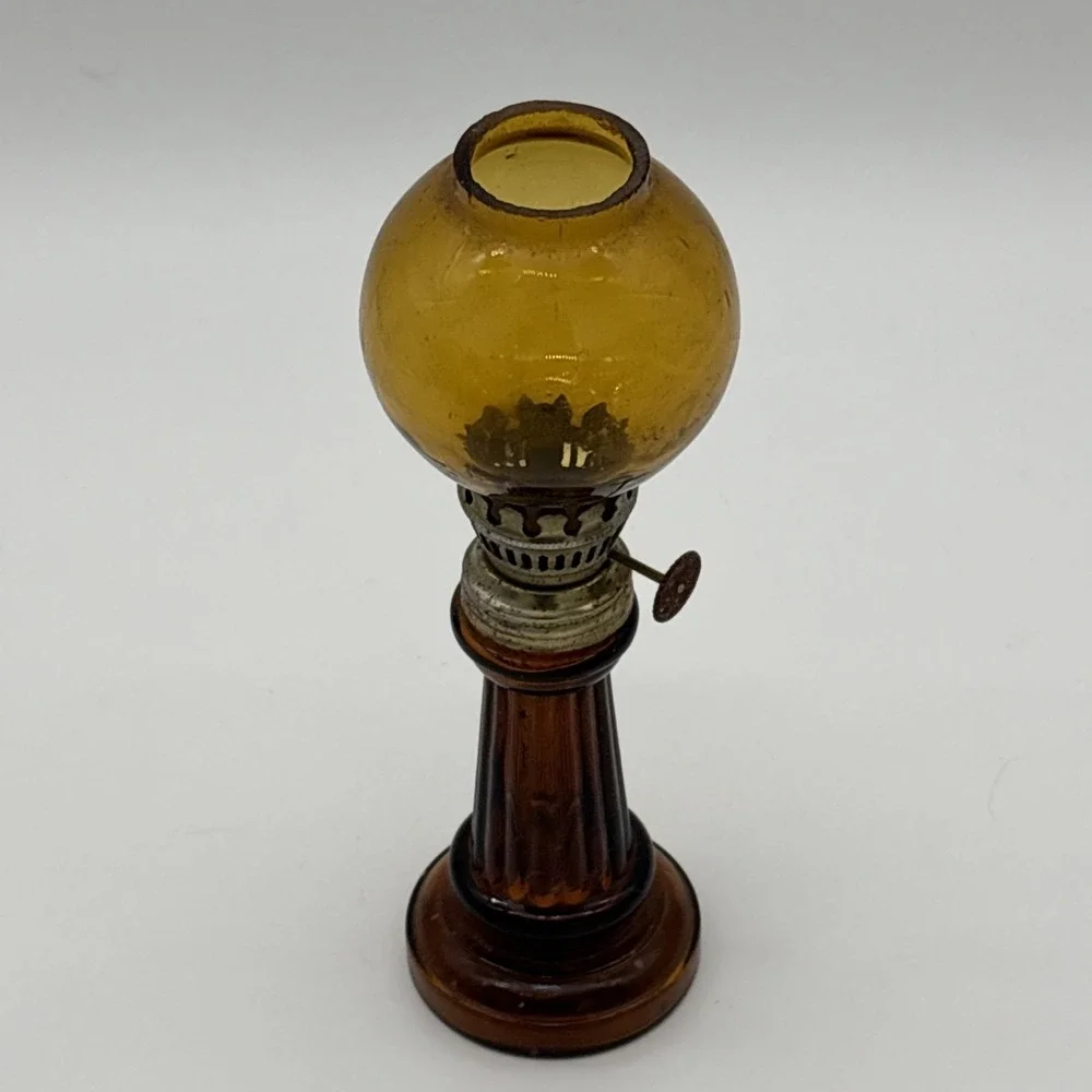 Vintage Amber Glass Miniature Pillar Oil Lamp Made in Hong Kong Pedestal Lantern